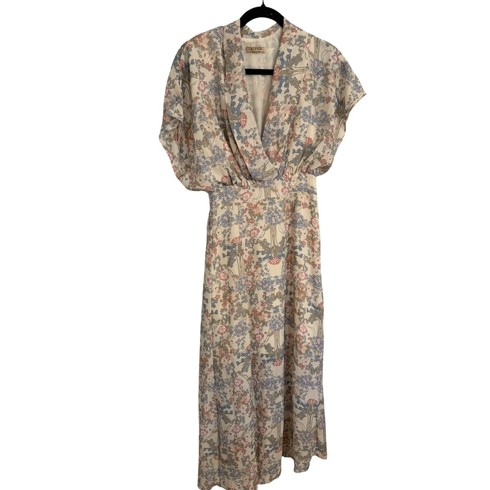 Acevog Floral Maxi Dress Small Cream Blue Art Nouveau Surplice V-Neck Chiffon